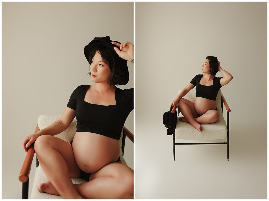 A pregnant woman sits on a chair in a black outfit and hat, looking to the side. The image is split into two similar frames.