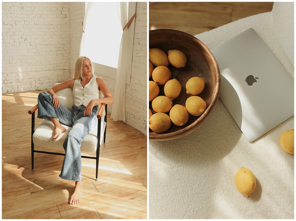 Person sitting on a chair in a sunlit room; next to them, a bowl of lemons and an open laptop are on a table.