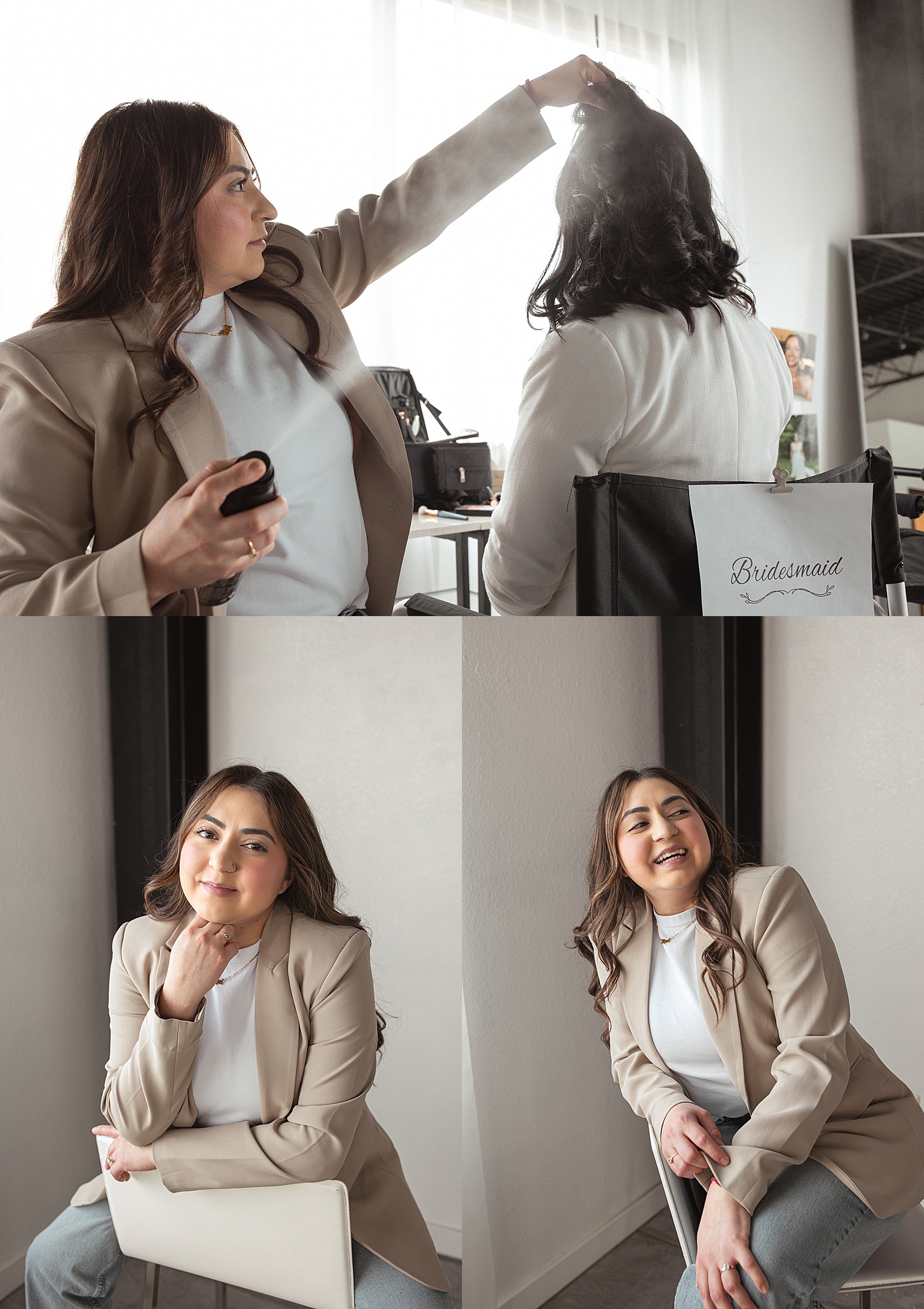 A woman in a beige blazer styles another woman's hair, then poses seated and smiling in a bright room with modern decor, showcasing confident body language perfect for Denver branding photography.