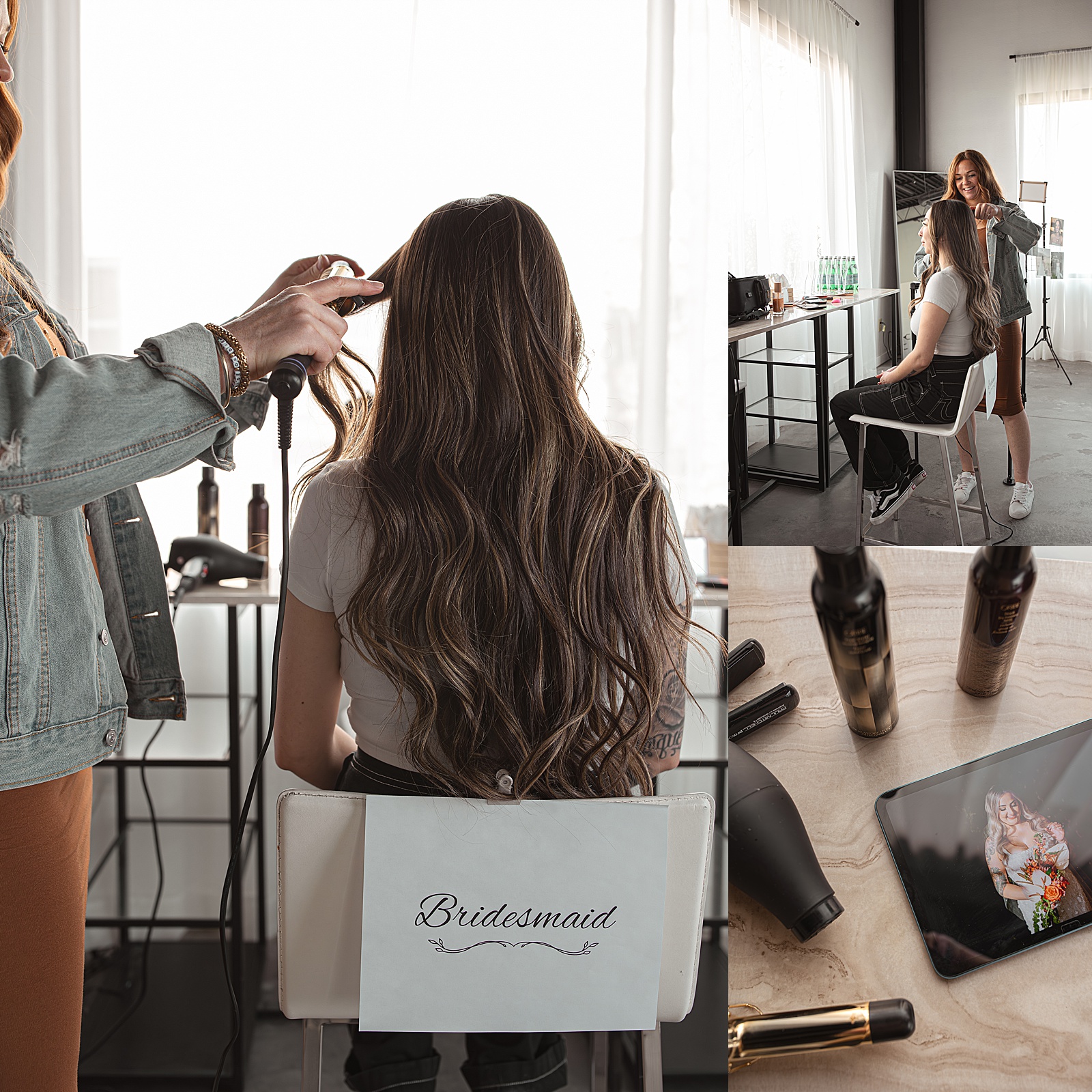 A woman with long hair sits in a chair labeled "Bridesmaid" while another styles her hair; nearby are hair products, a phone displaying a photo, and subtle body language captured in this branding photography moment.