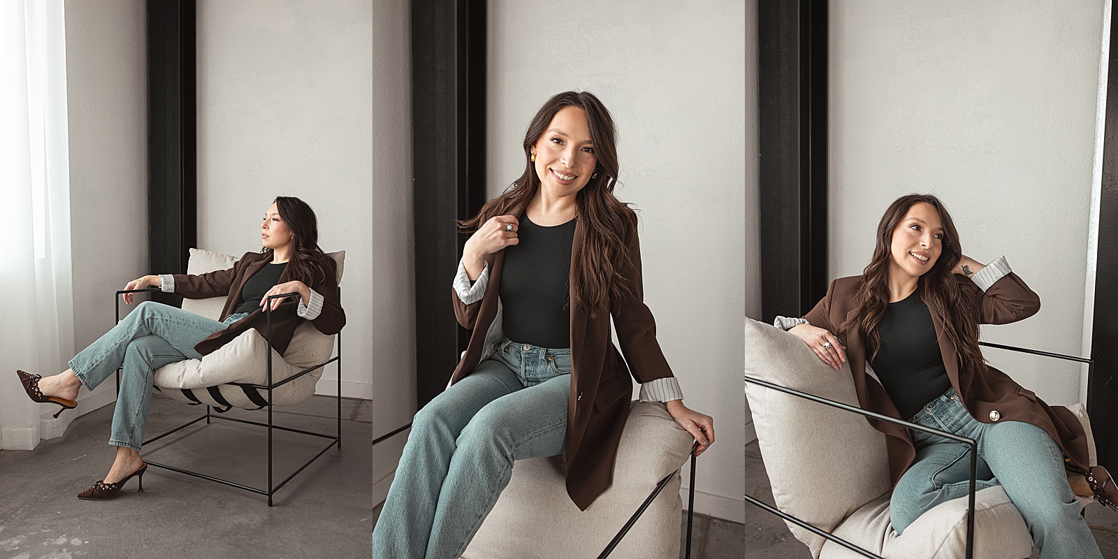 A woman with long brown hair, wearing a brown blazer, black top, and jeans, poses in a modern armchair in three different positions against a neutral background—perfect for Denver branding photography that highlights confident body language.