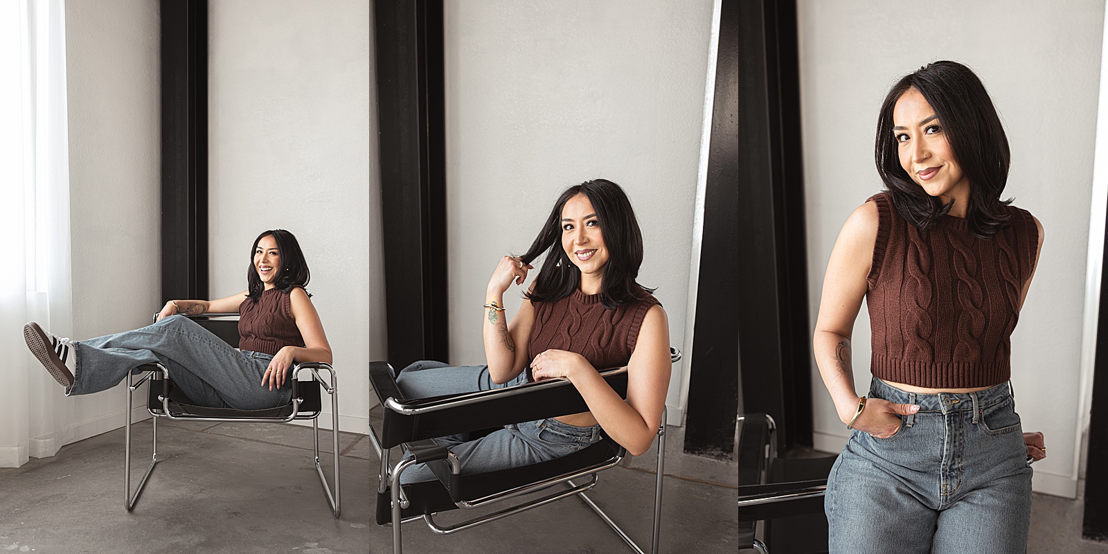 A woman with straight black hair sits and stands in a modern room, wearing a brown sleeveless sweater and blue jeans; her relaxed body language creates a casual vibe, ideal for Denver branding photography.