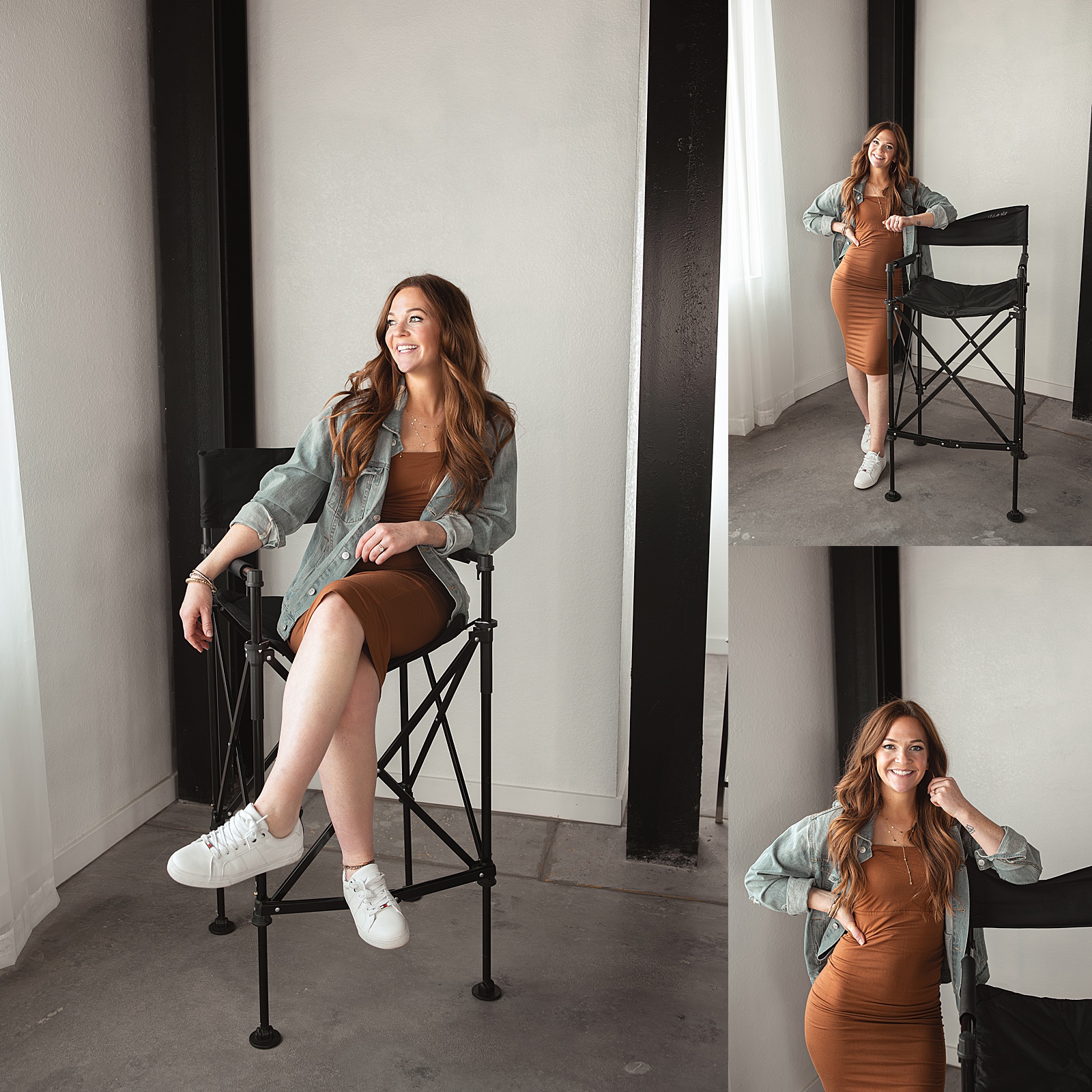 A woman in a brown dress and denim jacket sits and stands next to a tall black director's chair, showcasing confident body language in a bright, modern room with white walls and large windows—perfect for Denver Branding Photography.