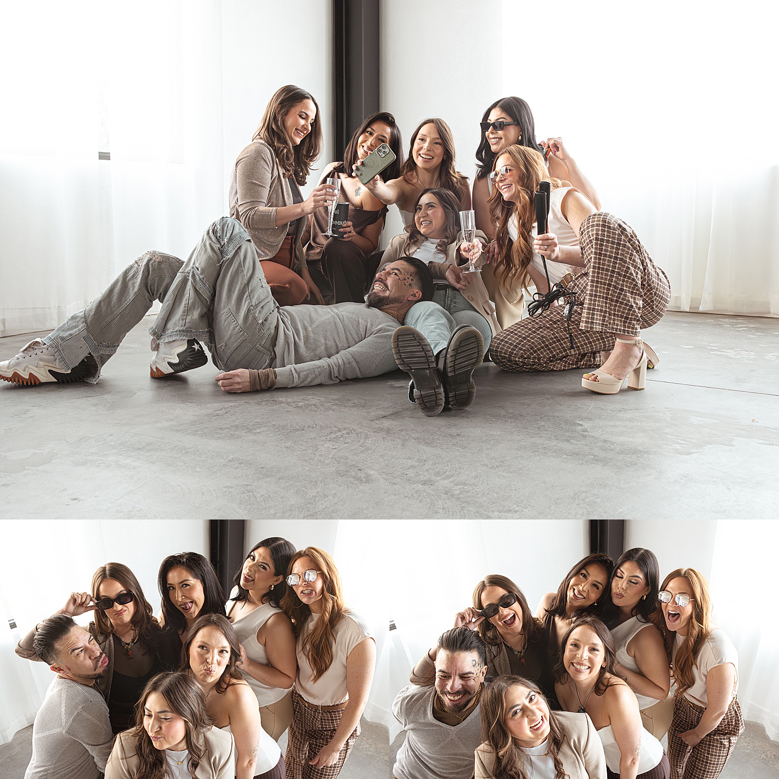 A group of seven women and one man pose playfully together indoors, smiling and holding drinks with expressive body language, captured in two different group arrangements—perfect for Denver branding photography that highlights authentic connections.