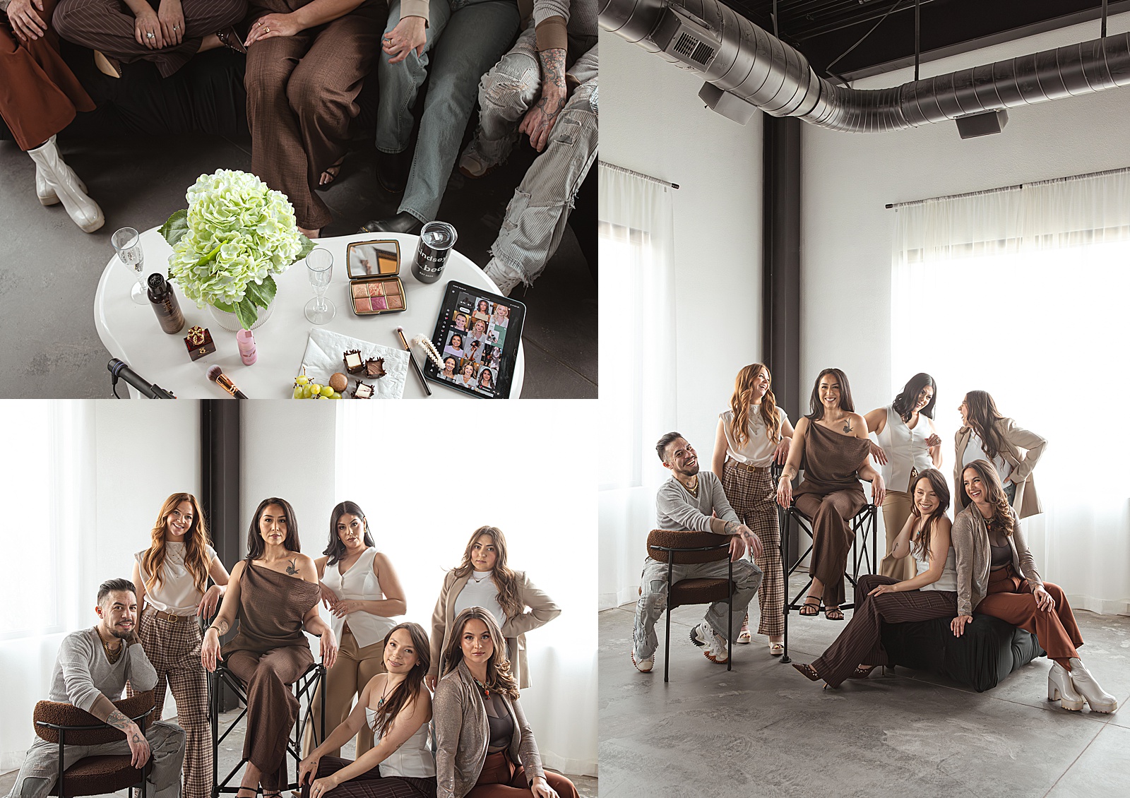 A group of six people pose together indoors, seated and standing near a window; their body language exudes confidence as a detail shot shows a table with flowers, makeup, and a tablet—perfect for Denver branding photography.