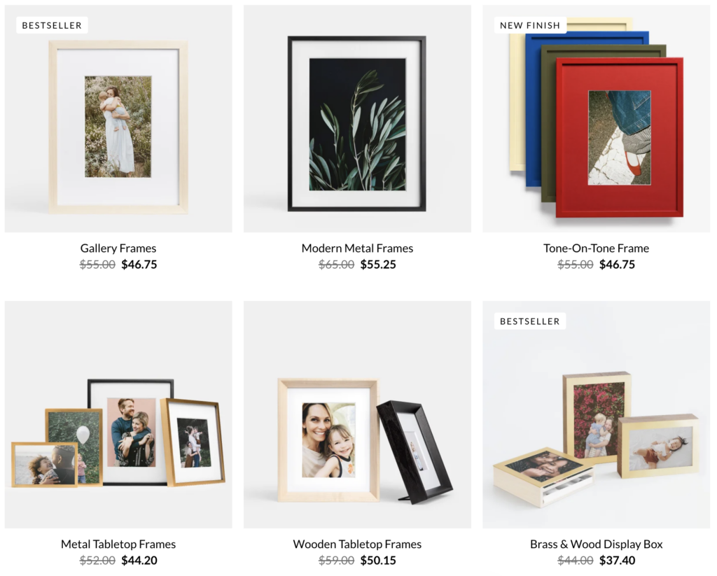 Six types of photo frames and display boxes are shown with sample print photos inside, each labeled with product names, discounted prices, and “bestseller” or “new finish” tags—perfect for anyone searching for the best places to showcase their memories in 2026.