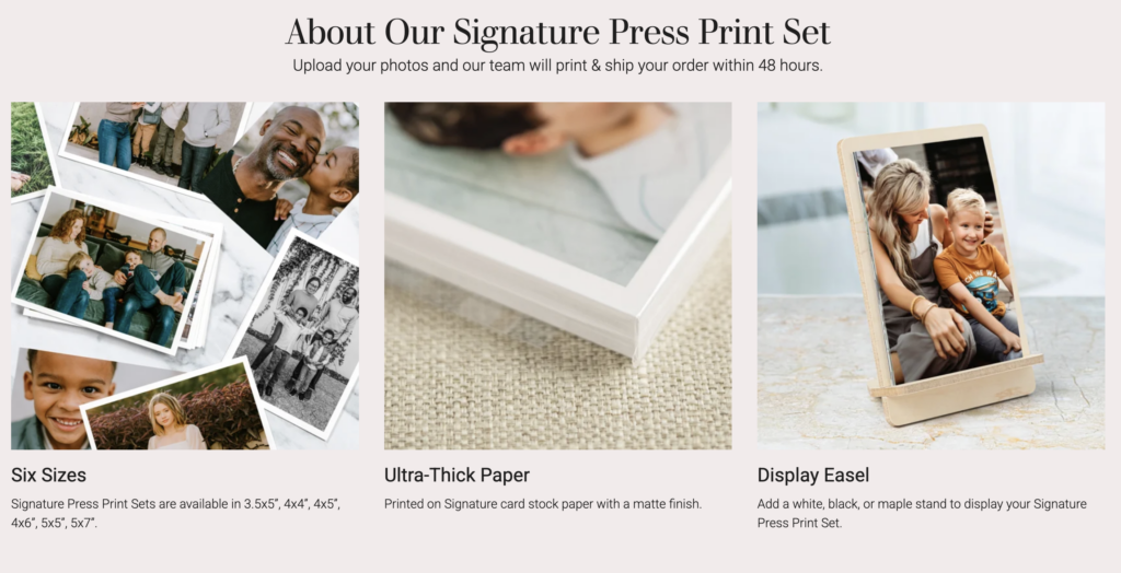 A variety of printed family photos, a close-up of thick photo paper, and a framed photo on a light wooden easel, showcasing print sizes, paper quality, and display options—perfect inspiration if you’re looking for the best places to print photos in 2026.