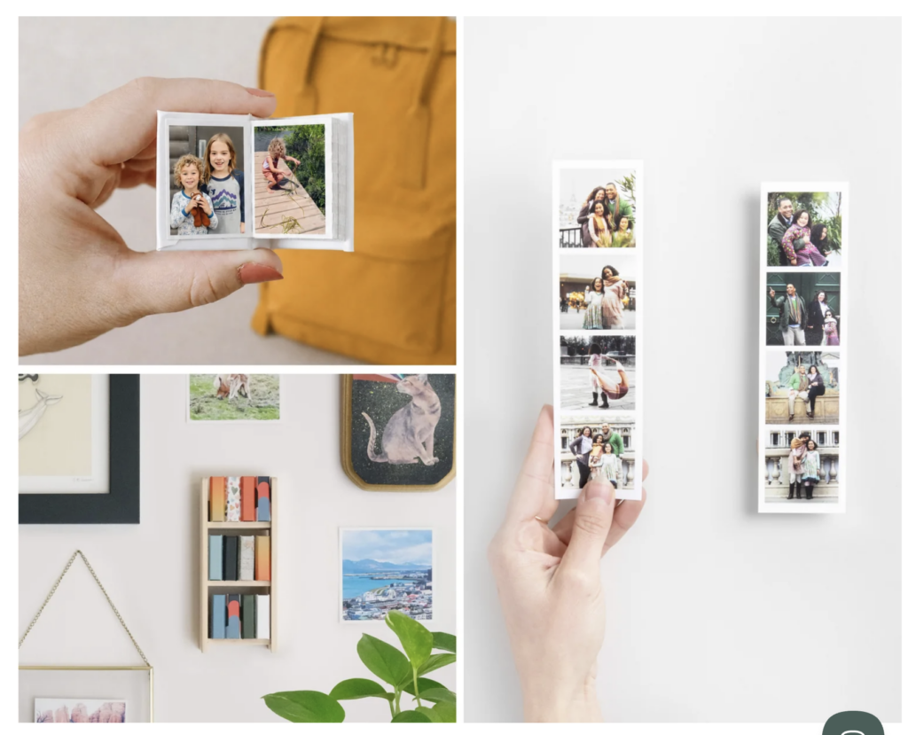 Collage showing hands holding small photo strips and photo strips displayed on a white wall among framed art and a plant, illustrating creative ways to print photos at home—ideal inspiration for exploring the best places to print photos in 2026.