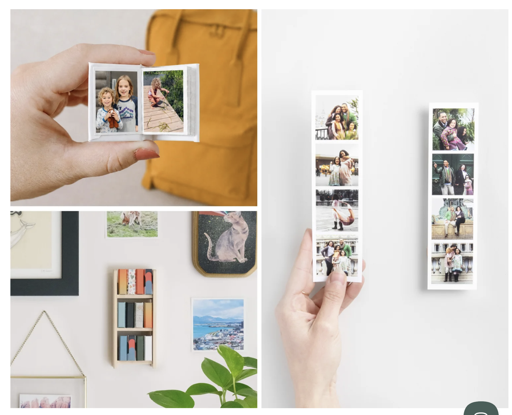Collage showing hands holding small photo strips and photo strips displayed on a white wall among framed art and a plant, illustrating creative ways to print photos at home—ideal inspiration for exploring the best places to print photos in 2026.