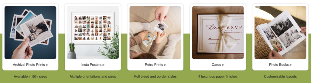 Five photo product options: archival prints, insta posters, retro prints, cards, and photo books—each shown with a sample image and a brief description below. Discover one of the best places to print photos in 2026, offering quality keepsakes you’ll treasure for years to come.