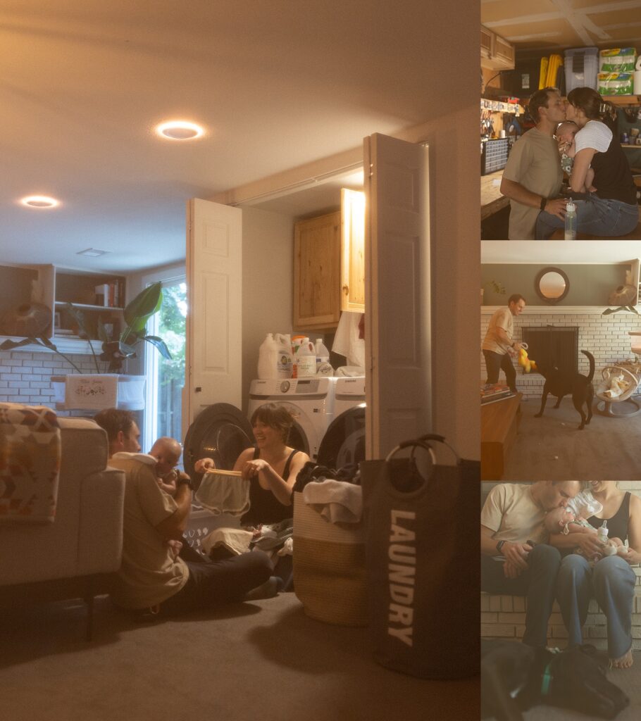 Two people sit on the floor folding laundry in a laundry room; smaller images on the right show the couple interacting with a dog and a baby in various settings, capturing genuine moments through in-home family photography.