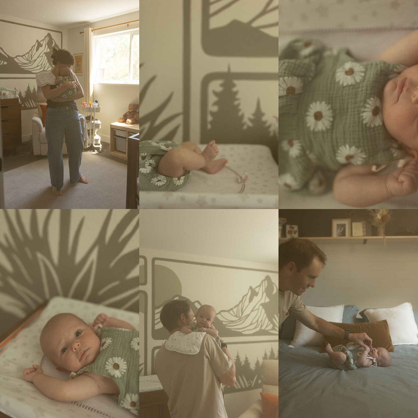 A collage shows a baby with daisy-print clothes being cared for by adults, with close-ups, a nursery scene, and shadowed wall art of mountains and trees—capturing the warmth and intimacy of in-home family photography in Colorado.