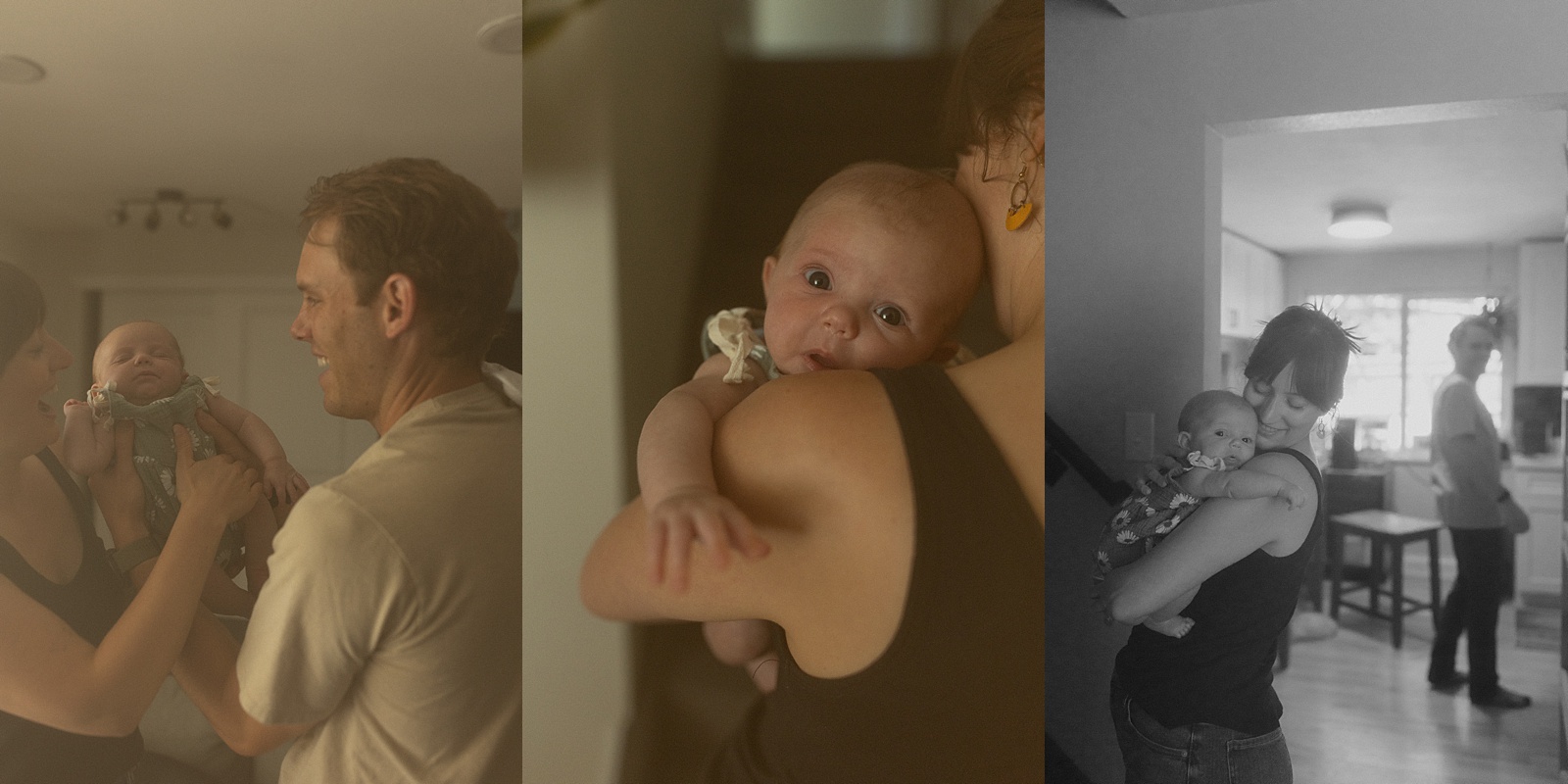 Three photos show two adults caring for a baby indoors: holding, comforting, and cradling the infant in a home setting—a beautiful example of in-home family photography.