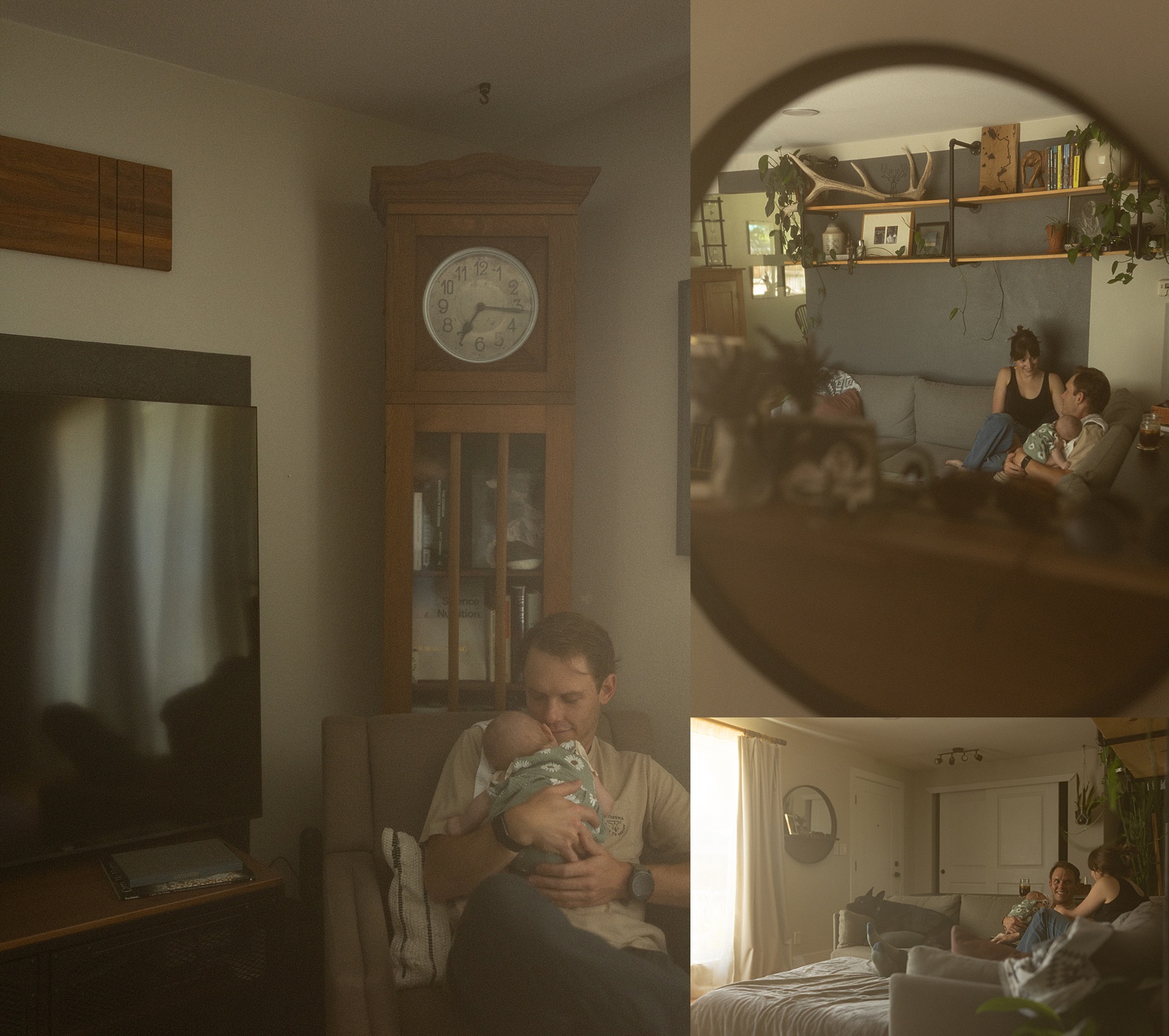 A man sits in a living room holding a baby; two smaller images show a family sitting together and relaxing in a softly lit home, beautifully capturing the warmth and authenticity of in-home family photography.