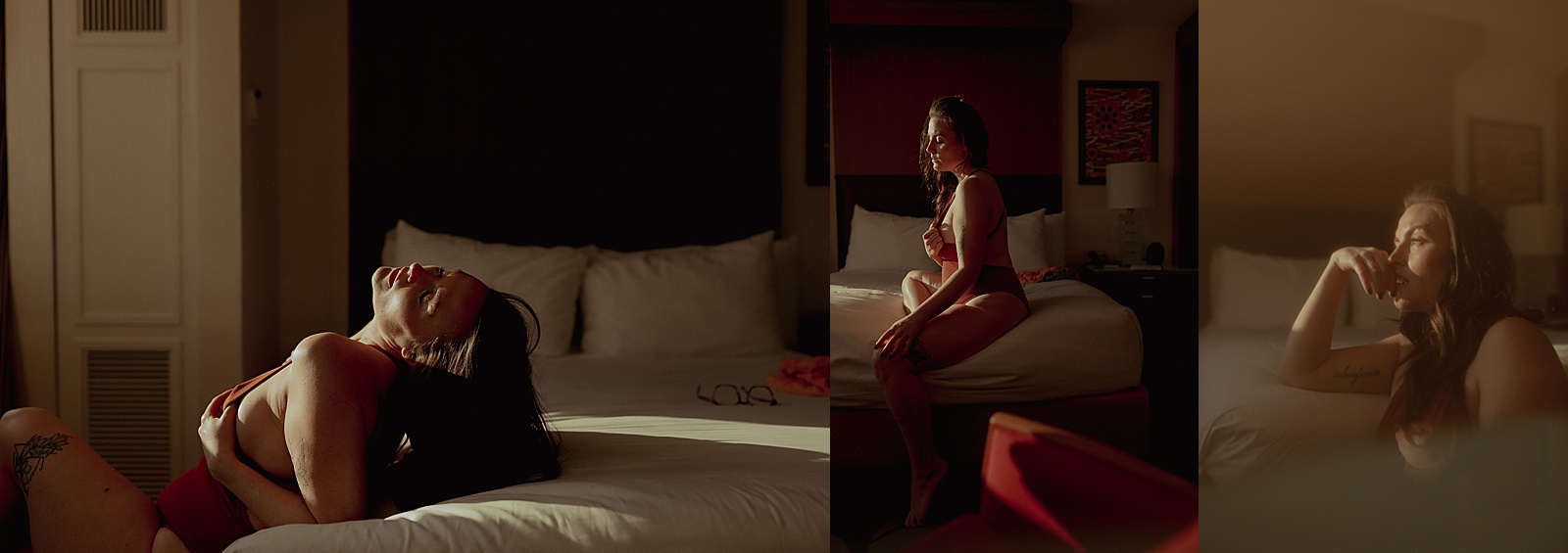 A three-panel composite of a woman in red lingerie posing on a hotel bed in dim, warm light, capturing artistic boudoir photography.
