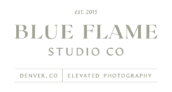 Logo for Blue Flame Studio Co., established in 2015, specializing in elevated photography, located in Denver, CO. The design features black text on a transparent background.